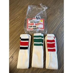 Vintage NOS Kmart Tube Socks Men 10-13 White Like 3 Pair Pack Extra Long Striped